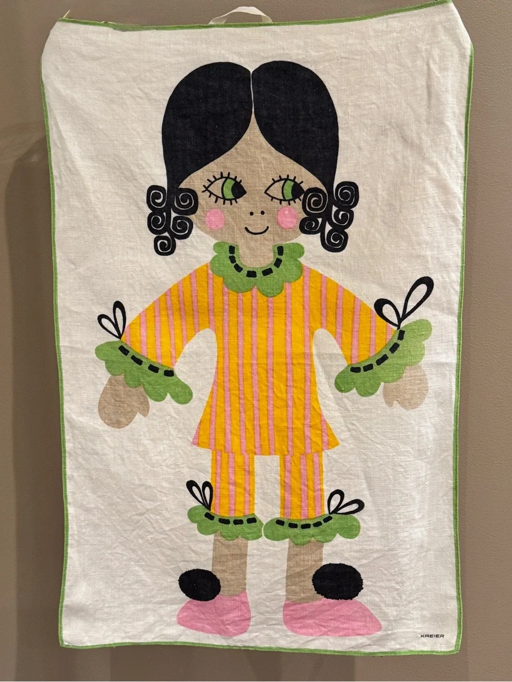 Vintage 1970s KREIER Switzerland Signed Linen Mod Girl Wall Hanging/Tea Towel